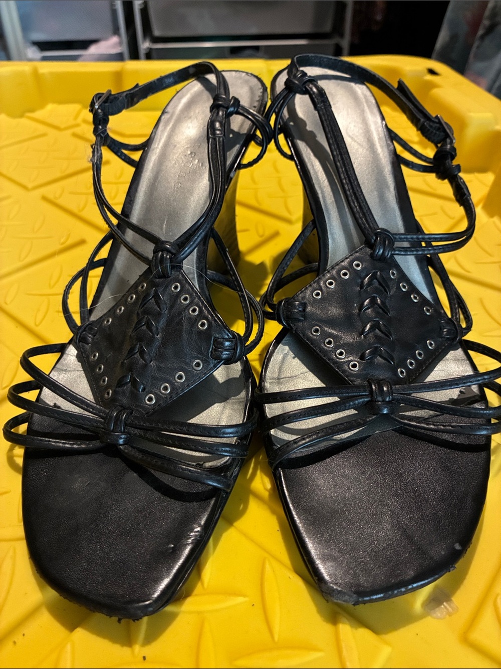 Apostrophe Black Strappy Braided Accent Heels